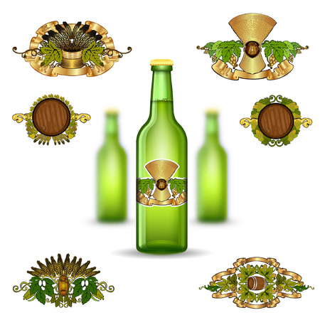 Three realistic mock up green glass bottle of beer and set of luxury labels on white background. Vector illustration one bottle sharp and two bottles depth of fieldのイラスト素材