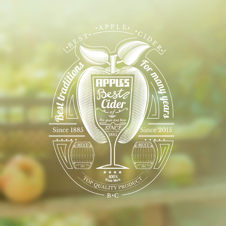 Engraving style apple with wineglass for text in the center. Silhouette Cider label in the centre of blurred photo of apple harvestのイラスト素材