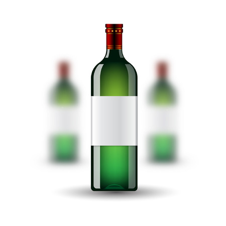 Three realistic mock up green bottle of wine on white background. Vector illustration one bottle sharp and two bottles depth of fieldのイラスト素材