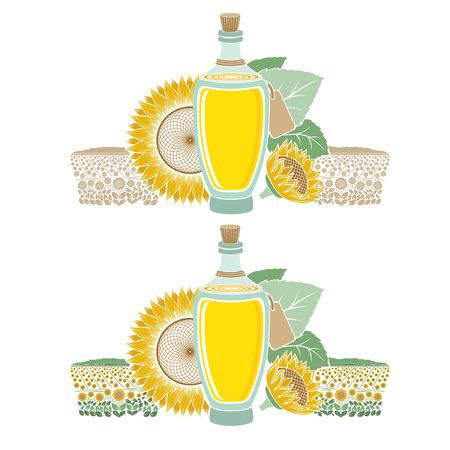 Color engraving label for food or cosmetics isolated on white. Glass bottle of sunflower oil with field and flowerのイラスト素材