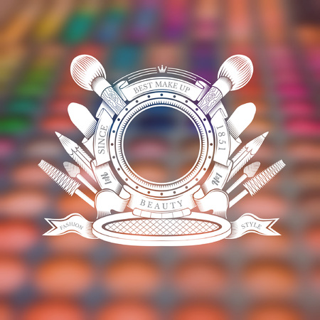 Round mirror into round ribbon and other type of equipment and cosmetics behind.Silhouette label in the centre of blurred photo of eye shadow. Beauty and make-up silhouette labelのイラスト素材