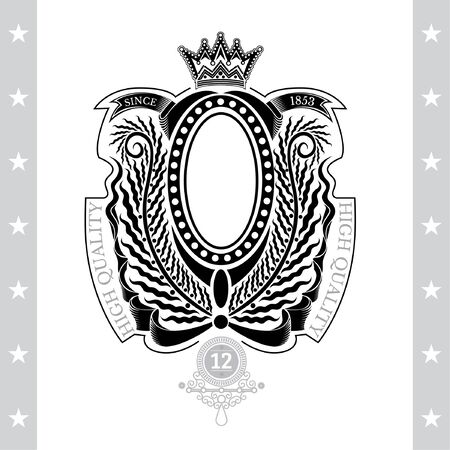Oval Frame With Winding Ribbons And Olive Or Palm Wreath. Vintage Label With Coat of Arms Isolated On Whiteのイラスト素材
