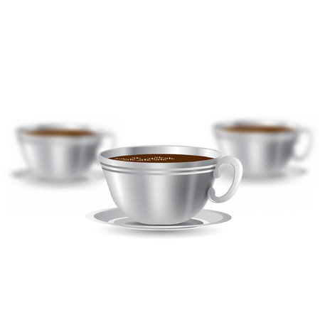Three realistic mock up cup of coffee or tea on white background. Vector illustration one cup sharp and two cups depth of fieldのイラスト素材