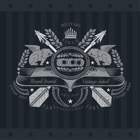 Cross Arrows with Ribbon On Both Sides And Two Lions With Wings  . Military Heraldic Label On Blackboardのイラスト素材
