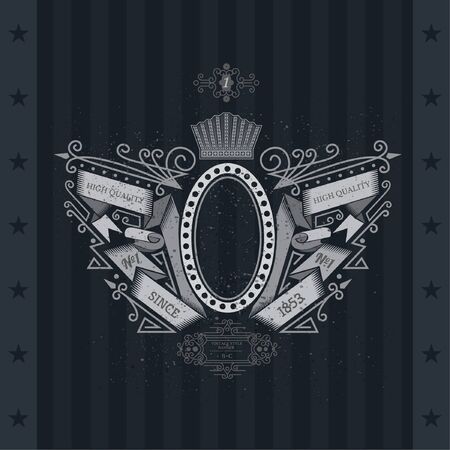 Oval Frame Between Line Pattern And Winding Ribbons. Vintage Label With Coat of Arms On Blackboardのイラスト素材