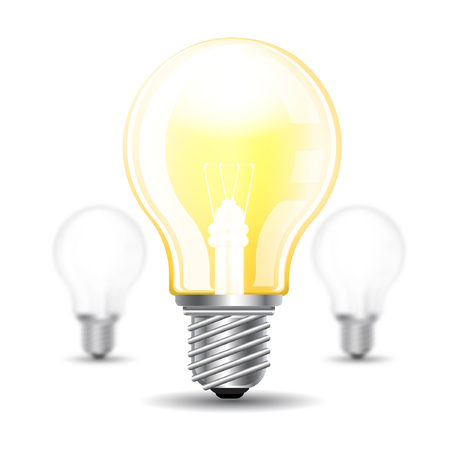 Three realistic mock up light bulb or lamp on white background. Vector illustration one bolb sharp on and two bulbs off depth of fieldのイラスト素材