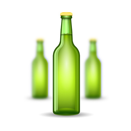 Three realistic mock up green glass bottle of beer on white background. Vector illustration one bottle sharp and two bottles depth of fieldのイラスト素材