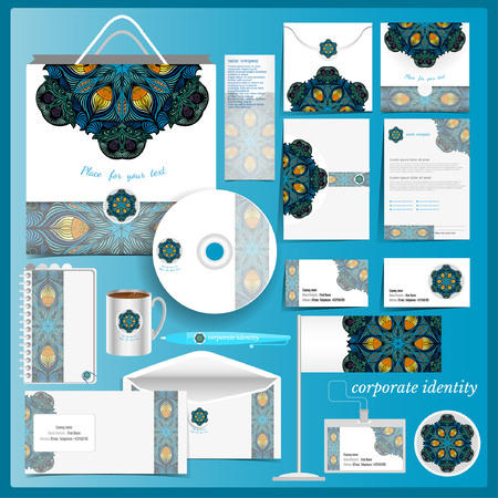 White corporate identity template with blue mosaic peacock elements. Vector company style for brandbook and guideline.のイラスト素材