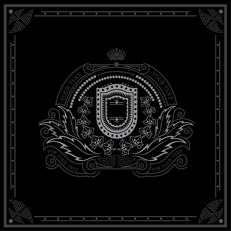 Shield with floral wreath monogram template. Elegant line ornament frame. White on blackのイラスト素材