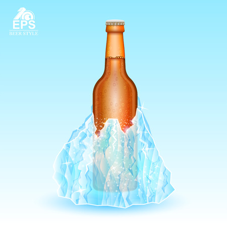 Brown bottle of beer rozen-in iceberg on blue backgroundのイラスト素材