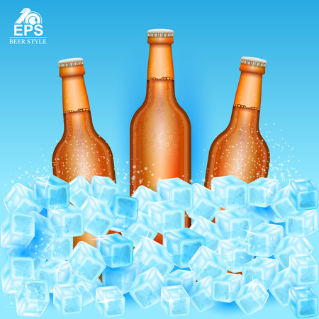 Three realistic mock up brown bottle of beer among ice cubes on blue backgroundのイラスト素材