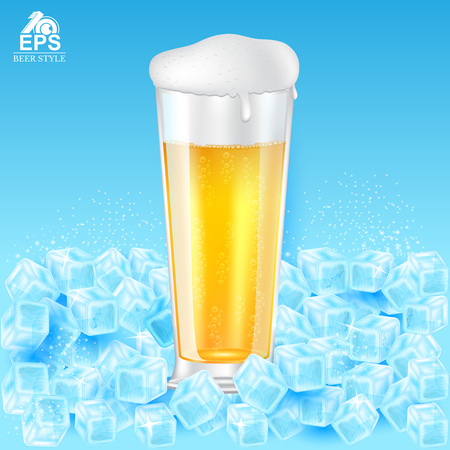 Realistic mock up glass of beer with ice among ice cubes on blue backgroundのイラスト素材