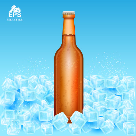 Realistic mock up brown bottle of beer on ice cubes on blue backgroundのイラスト素材