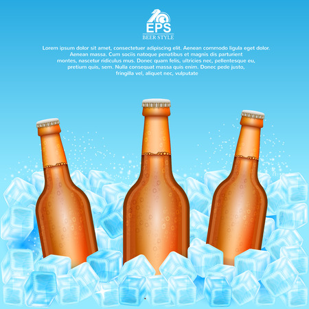 Three realistic mock up brown bottle of beer in ice cubes on blue backgroundのイラスト素材