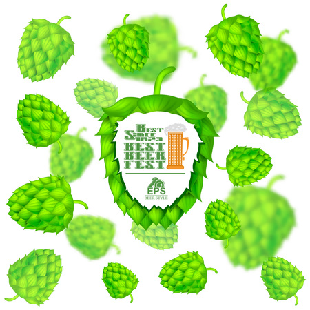 Beer festival banner in front of realistic hop cones flying on white background with depth of field effectのイラスト素材