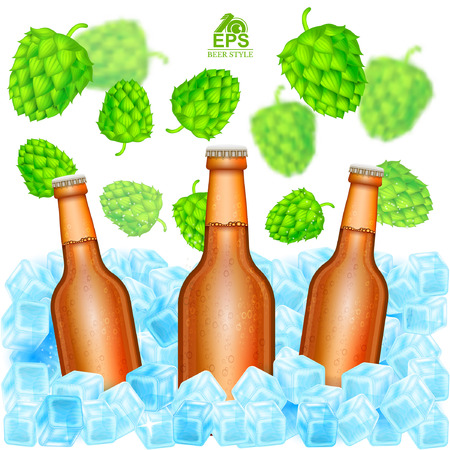 Three realistic brown bottle of beer stand in ice cubes among flying depth of field hop cones on white backgroundのイラスト素材
