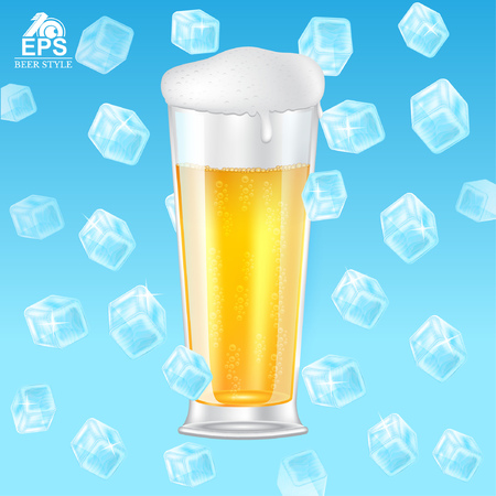 Realistic mock up glass of beer with foam among flying ice cubes on blue backgroundのイラスト素材