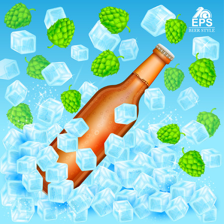 realistic brown bottle of beer flies out in ice cubes among flying hop cones and ice on blue backgroundのイラスト素材