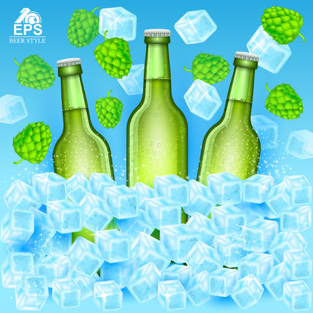 Three realistic green bottle of beer stand in ice cubes among flying hop cones and ice on blue backgroundのイラスト素材