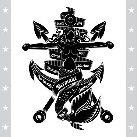 Cross Harpoons And Mermaid Crucified On Anchor. Marine Vintage Label On Whiteのイラスト素材