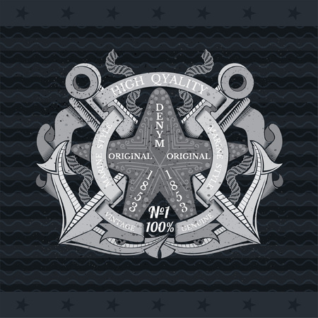 Starfish in center of cross anchors between ropes and flags. Marine vintage label on blackboardのイラスト素材