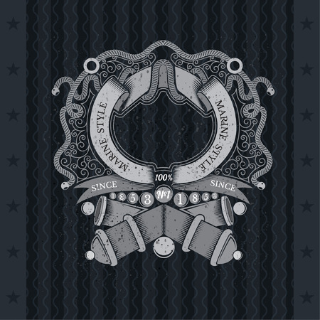 Cross cannons with cannonballs and frame from ribbon in center of line pattern. Heraldic vintage label on blackboardのイラスト素材