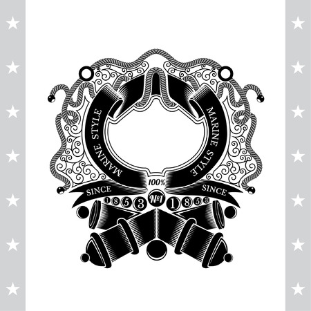 Cross cannons with cannonballs and frame from ribbon in center of line pattern. Heraldic vintage label on whiteのイラスト素材