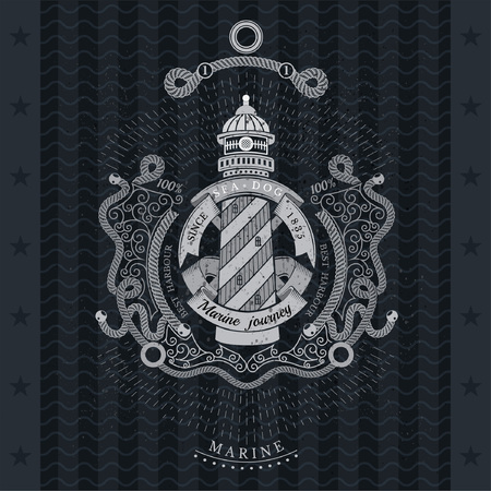 Frame from line pattern and lighthouse with round ribbon in center. Marine vintage label on blackboardのイラスト素材