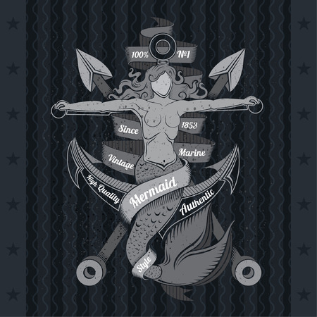 Cross Harpoons And Mermaid Crucified On Anchor. Marine Vintage Label On Blackboardのイラスト素材