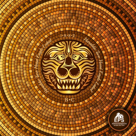 Round greek tile geometric background with lion face in centerのイラスト素材