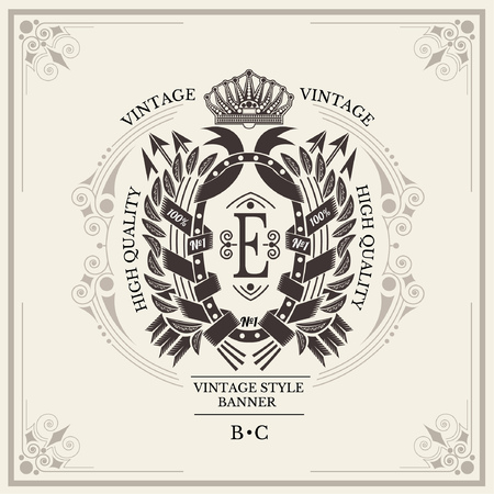 Cross arrows with oval frame in center between laurel wreath. Heraldic vintage labelのイラスト素材