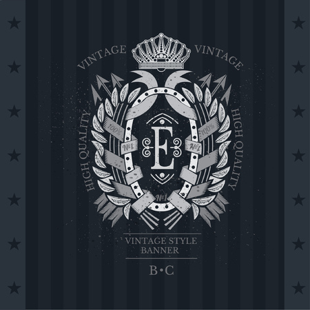 Cross arrows with oval frame in center between laurel wreath. Heraldic vintage label on blackboardのイラスト素材