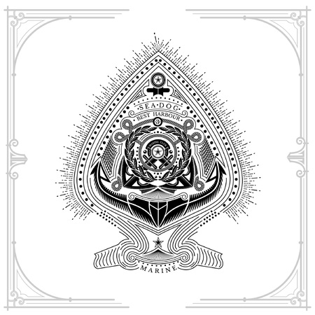 Ace of spades from big anchor and two cross ones in centre with wreath. Sea vintage label on whiteのイラスト素材