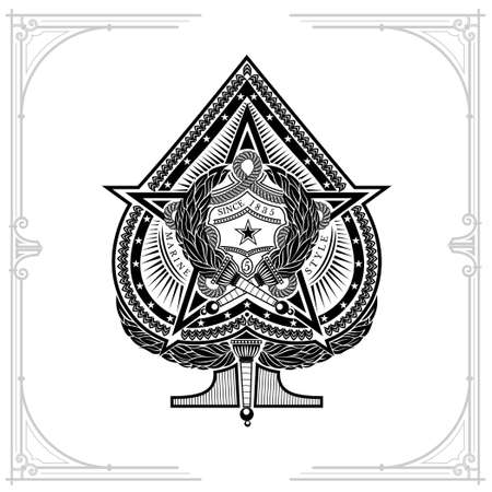 Ace of spades with big star in centre and two torch cross inside vintage label on whiteのイラスト素材