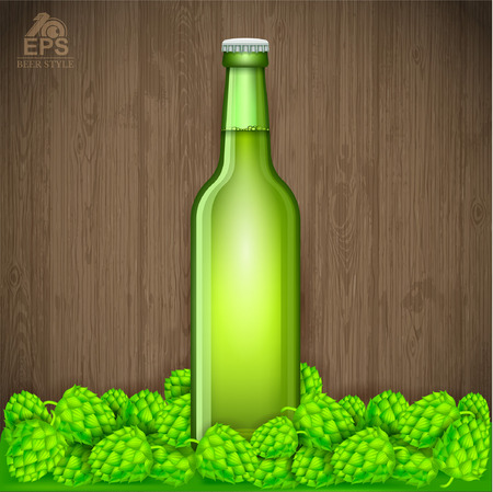 Realistic mock up green bottle of beer stand among hop cones on wood texture backgroundのイラスト素材