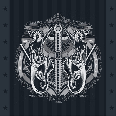 Two mermaids with trident in arms hold the anchor with ribbons and line pattern. Marine style background on blackboardのイラスト素材