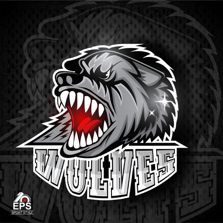 Beast head with bared teeth. Logo for any sport team wolves