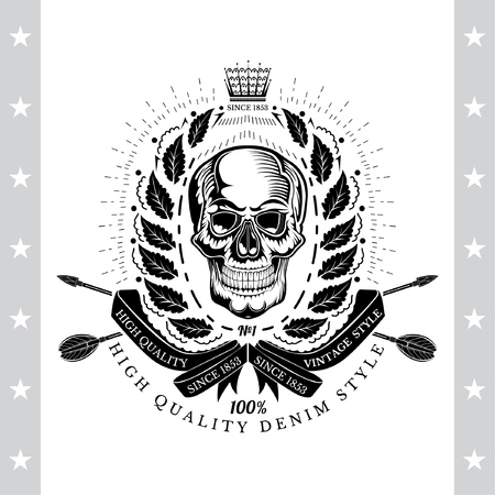 Skull front view with wreath and cross arrows behind. Vintage label isolated on whiteのイラスト素材