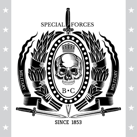 Vertical sword with skull front view in center oval frame between laurel wreath and ribbons. Vintage label isolated on whiteのイラスト素材