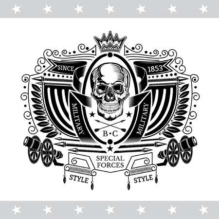 Skull front view in center oval frame between flags, cannon and ribbons. Vintage label isolated on whiteのイラスト素材