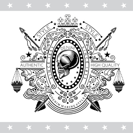 Skull profile view in center of line pattern with icon-lamps and cross arrows behind. Heraldic vintage label on whiteのイラスト素材