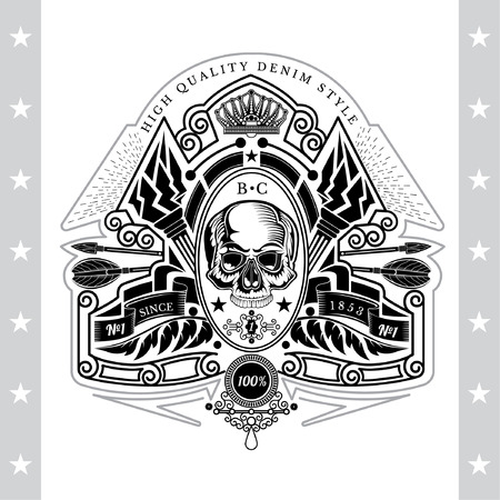 Skull front view between ribbon, cross arrows and torch vector illustrationのイラスト素材
