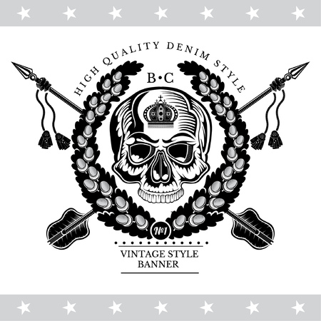 Skull front view without a lower jaw in center of oak wreath with acorns and cross arrows. Heraldic vintage label on whiteのイラスト素材