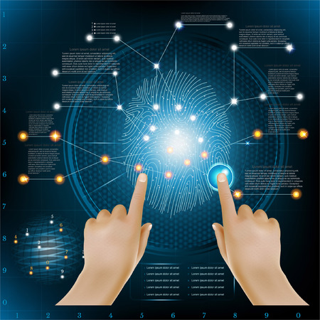 abstract fingerprinting infographic with realistic hand poiner info and fingerprintのイラスト素材