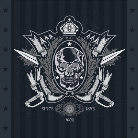 Skull front view in center of laurel wreath with cross sabers and arrows. Heraldic vintage label on blackboardのイラスト素材