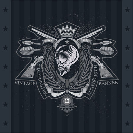 Skull profile view in center of palm wreath with cross rifle and arrows. Heraldic vintage label on blackboardのイラスト素材