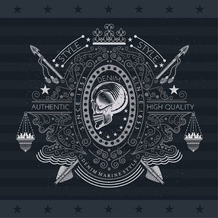 Skull profile view in center of line pattern with icon-lamps and cross arrows behind. Heraldic vintage label on blackboardのイラスト素材