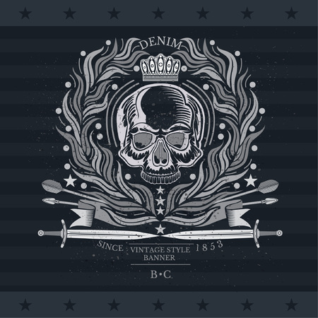 Skull front view without a lower jaw in center of olive wreath with cross arrows and swords. Heraldic vintage label on blackboardのイラスト素材