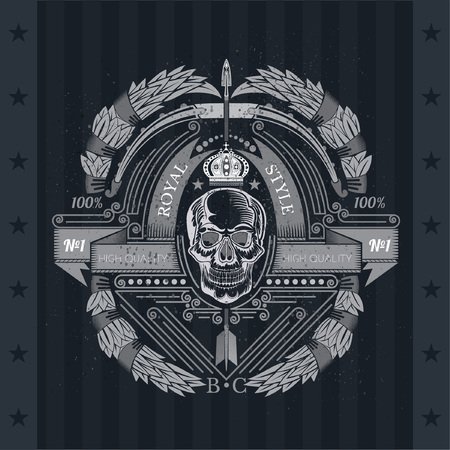 Skull front view in the center of bow with arrow and between laurel wreath. Heraldic vintage label on blackboardのイラスト素材
