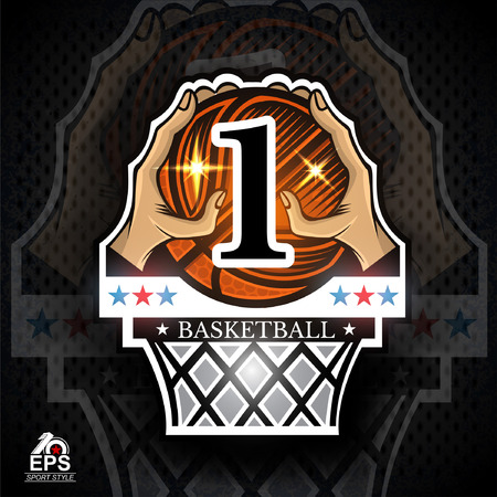 Two hands hold basketball ball with number 1 above basket.のイラスト素材